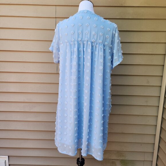 Miholl Blue Loose Flowy Short Dress Textured Dots V-Neck Pockets Short Sleeves - Picture 11 of 15